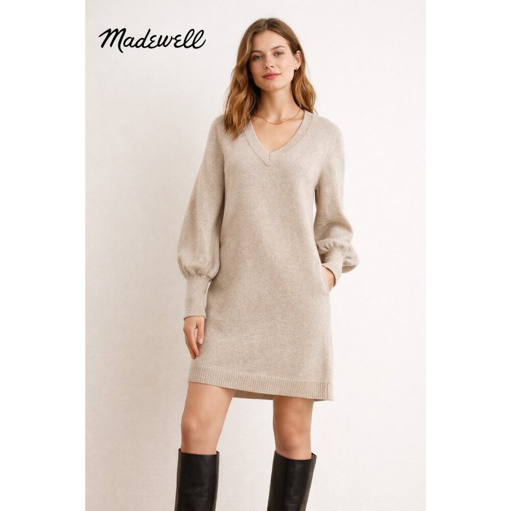 Madewell Merino‎ Wool Sweater Dress V Neck Balloon Sleeve Beige Womens S